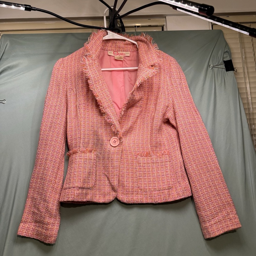 Original Star Jeans Women M Pink Tweed Blazer Knit 1 Button Pockets Business